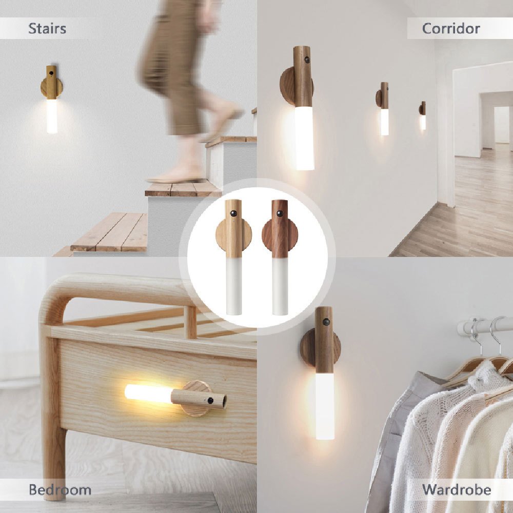 Auto LED USB Magnetic Wood Wireless Night Light Corridors Porch Lights Motion Sensor Wall Light Cabinet Lamp Night Led