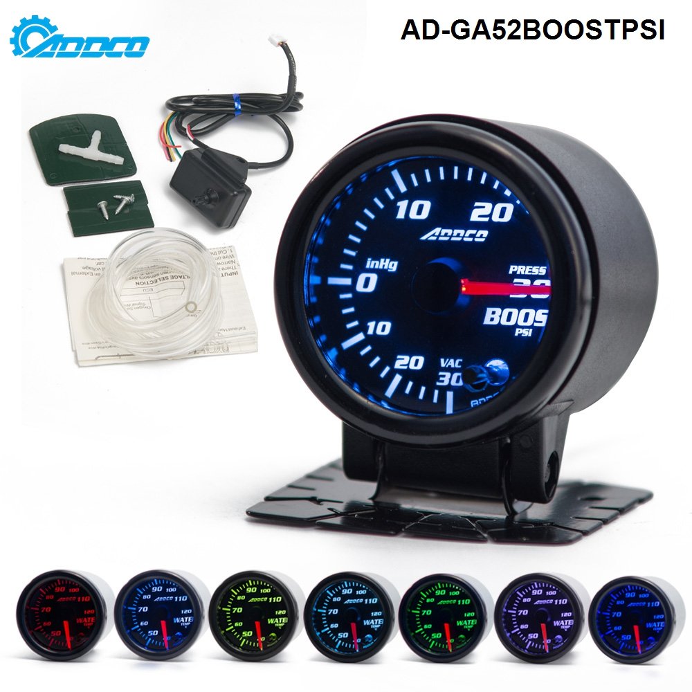 ADDCO Racing Car Turbo Boost Gauge PSI 2" 52mm 7 Color LED Smoke Face Auto Sport Meter AD-GA52BOOSTPSI