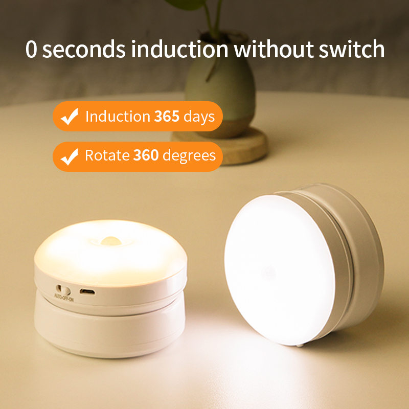 Wireless Round Motion LED Night Light USB Charging Cabinet Night Lamp Bedside Table for Bedroom Home Closet Sensor Lights