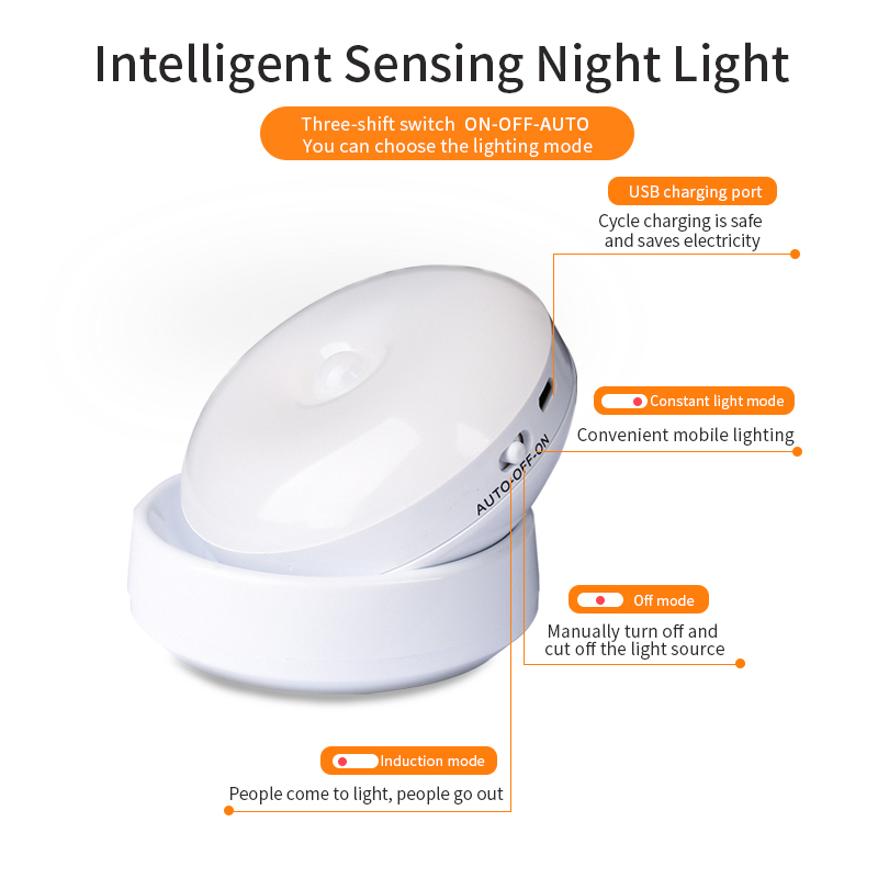 Wireless Round Motion LED Night Light USB Charging Cabinet Night Lamp Bedside Table for Bedroom Home Closet Sensor Lights