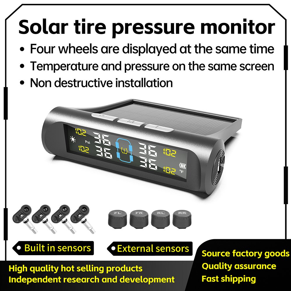 4 Sensors Digital LCD TPMS for Cars Solar Powered Tyre Pressure Monitoring System With Auto Security Alarm Feature