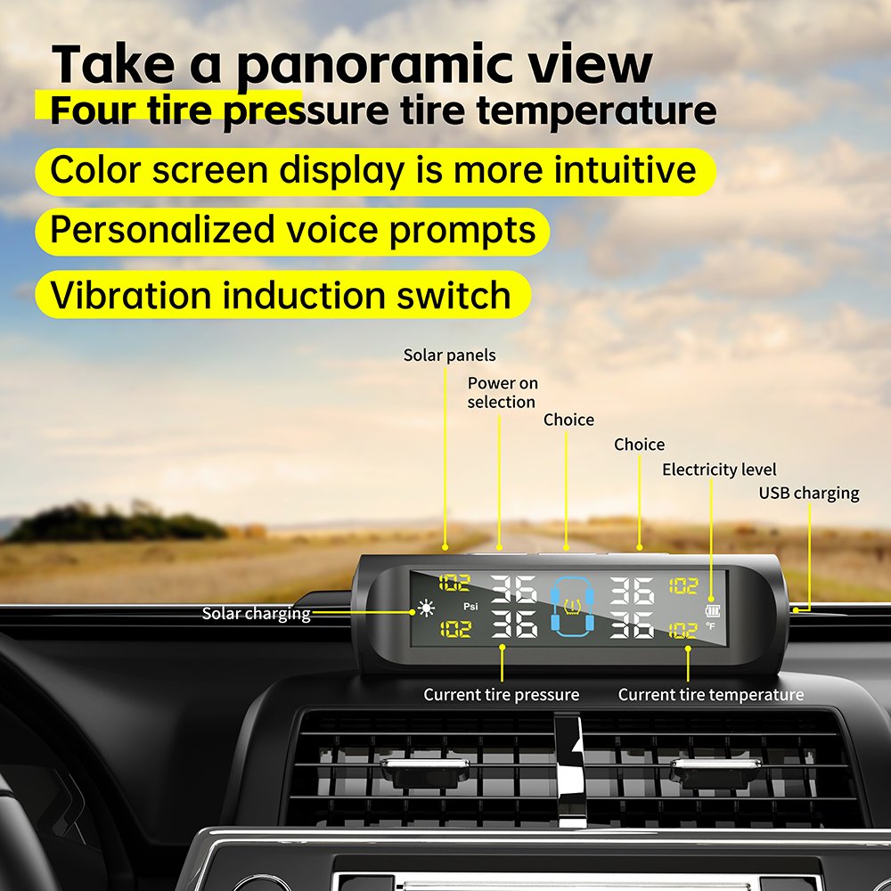 4 Sensors Digital LCD TPMS for Cars Solar Powered Tyre Pressure Monitoring System With Auto Security Alarm Feature