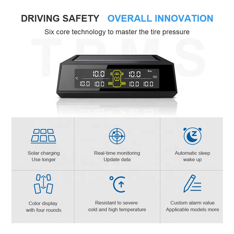Tire Pressure Monitoring System Solar Wireless TPMS with 6 Tire Internal Sensors Digital LCD Display Auto Security Alarm TPMS