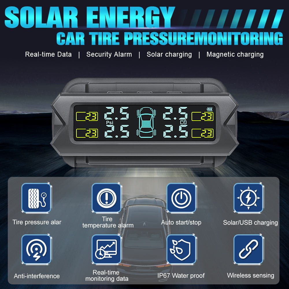 Universal Solar Energy Alarm System TPMS External Sensors Car Tire Pressure Monitoring System