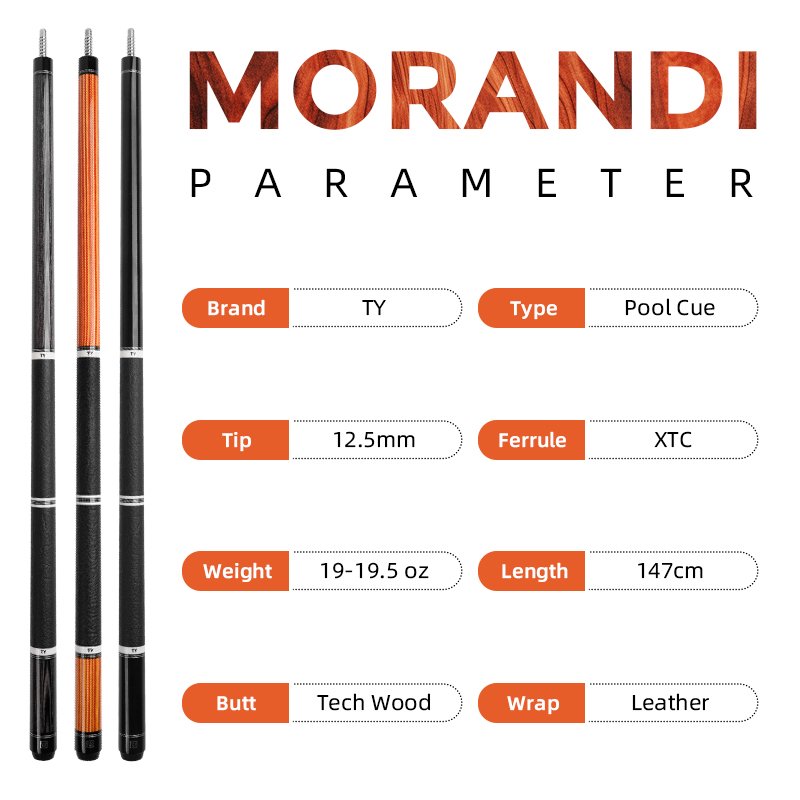TY Morandi Pool Billiard Cues 2025 New Arrival 12.5mm Maple Shaft Carbon Tube Filling Tech-Wood Butt Low Deflection Cue Stick