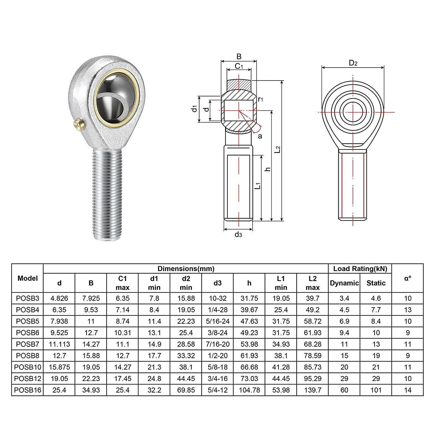 POSB8 Inch Dimension Series Spherical Plain Bearings POSB Series Universal Rod End Ball Joint POSB3 POSB4 POSB10 POSB16