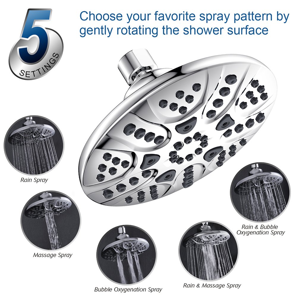 Factory Supply High Pressure 6" 150mm 5 Functions Rainfall Xiamen Shower Head, 5.1 Inches with Brass Ball Joint Ready to Ship