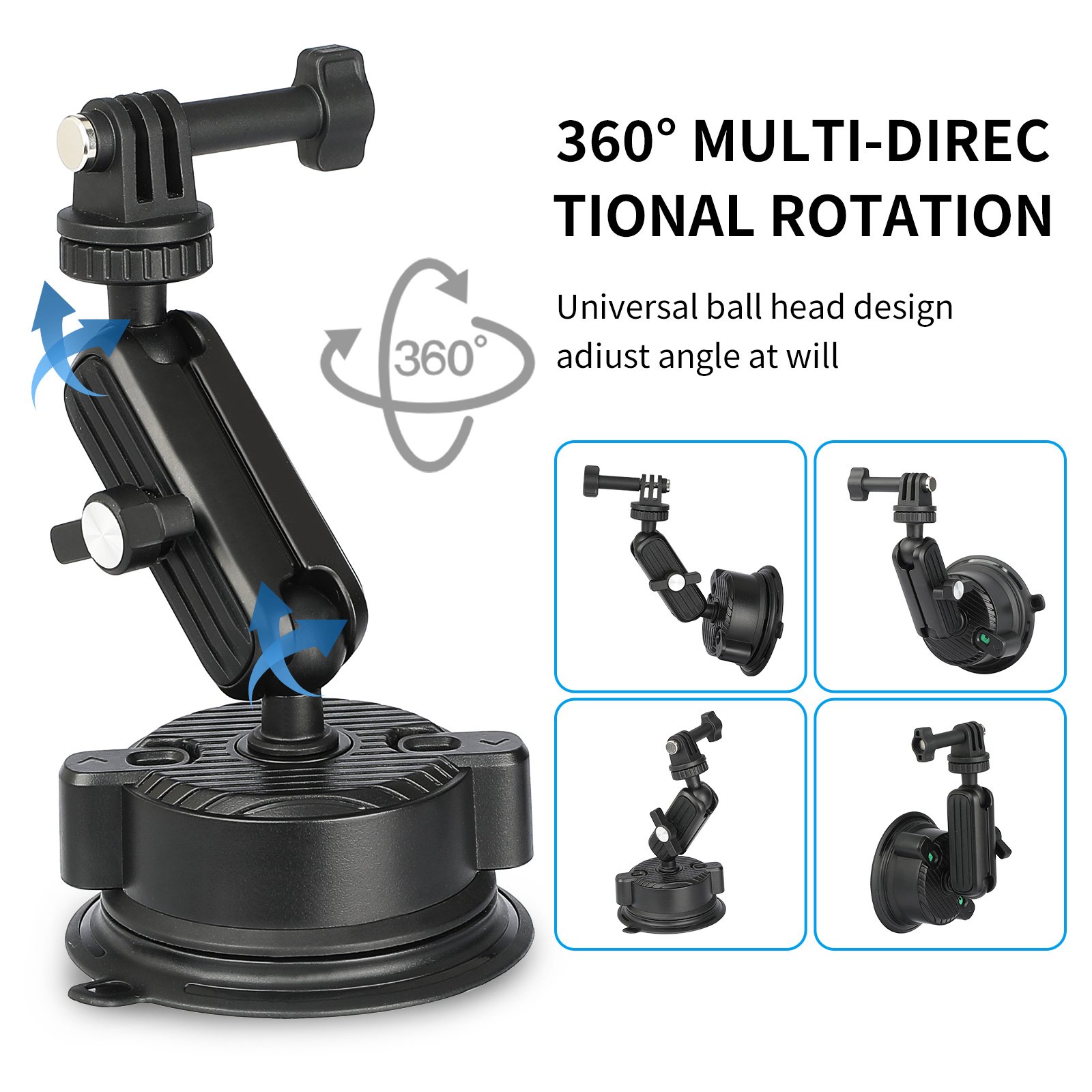 Aluminum Alloy Double Socket Arm with Ball Head Joint Suction Cup 1/4" Screw Adapter Car Mount for GoPro for DJI Action Cameras