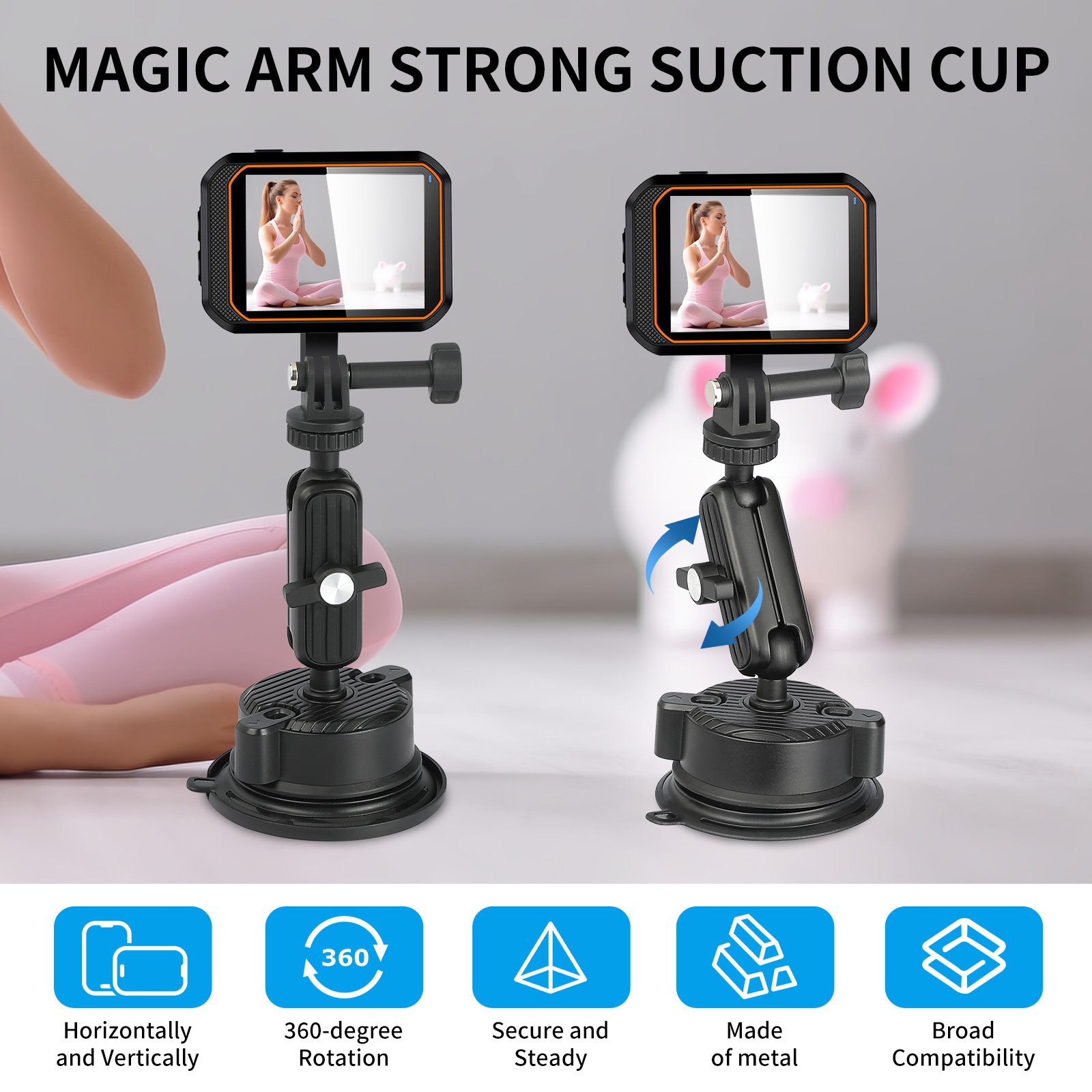 Aluminum Alloy Double Socket Arm with Ball Head Joint Suction Cup 1/4" Screw Adapter Car Mount for GoPro for DJI Action Cameras