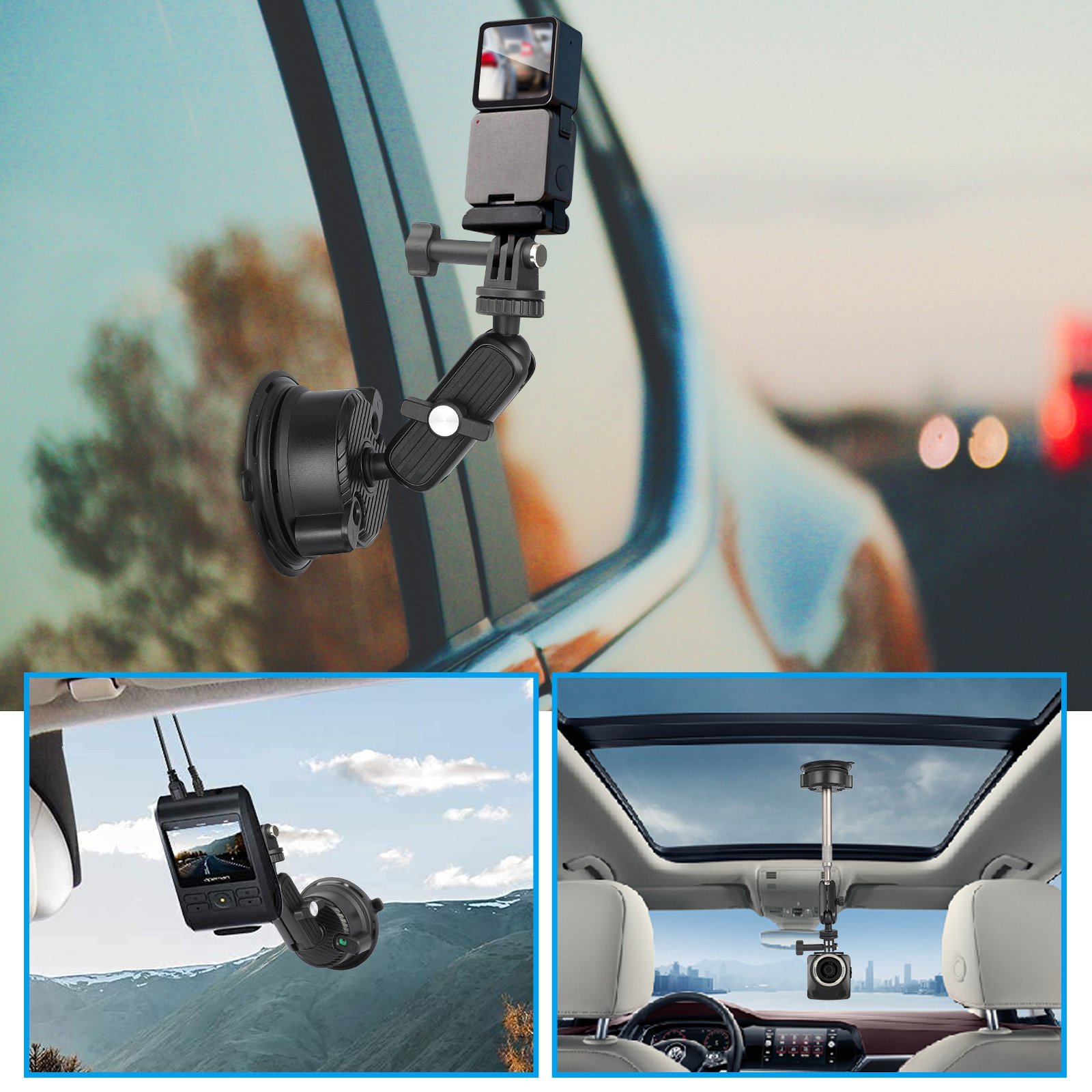 Aluminum Alloy Double Socket Arm with Ball Head Joint Suction Cup 1/4" Screw Adapter Car Mount for GoPro for DJI Action Cameras