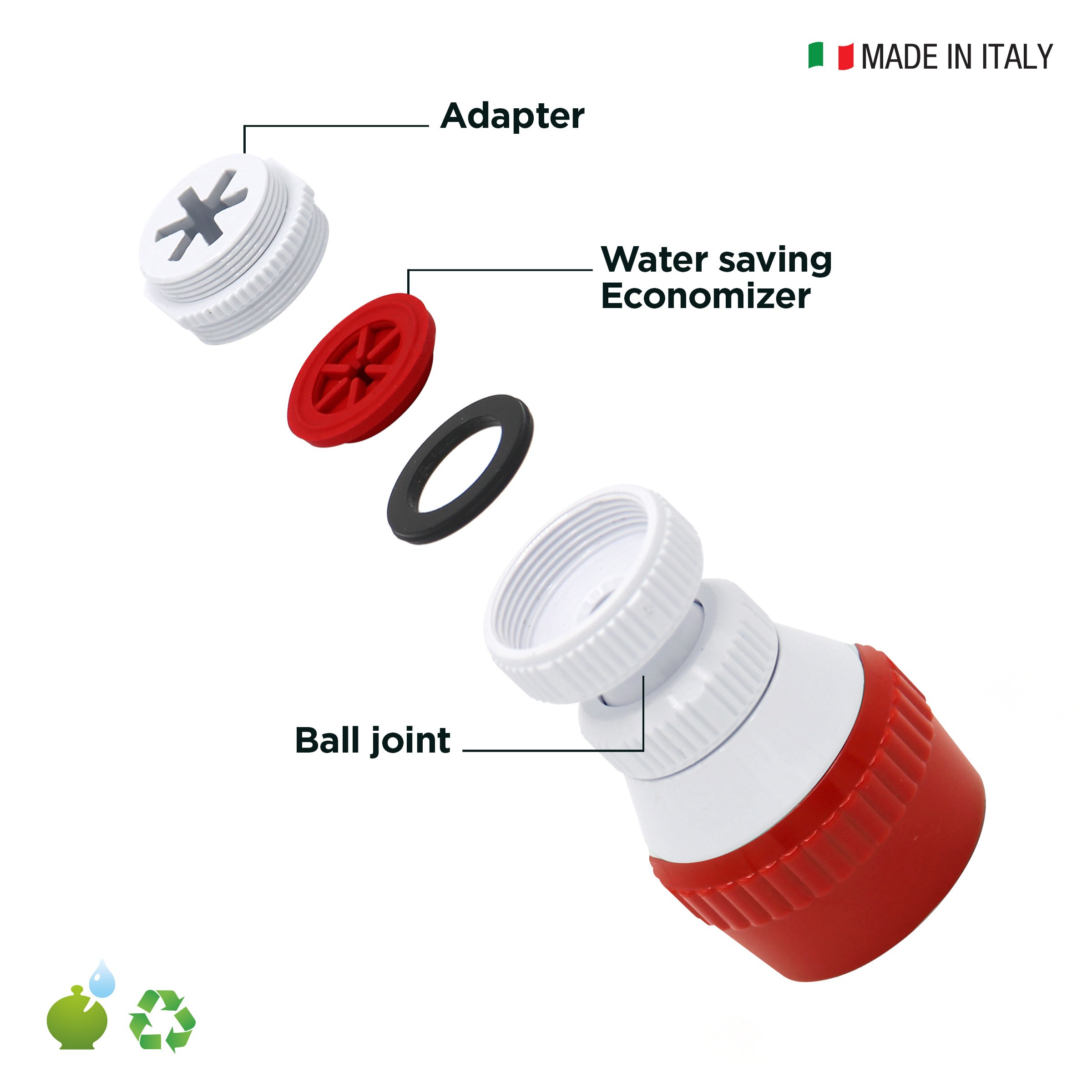 Swivel Tap Sprayer Function Shower Foam Made in Italy IDROGAS 7cm Ball Joint Adapter Private Label Red Kitchen JetBreaker