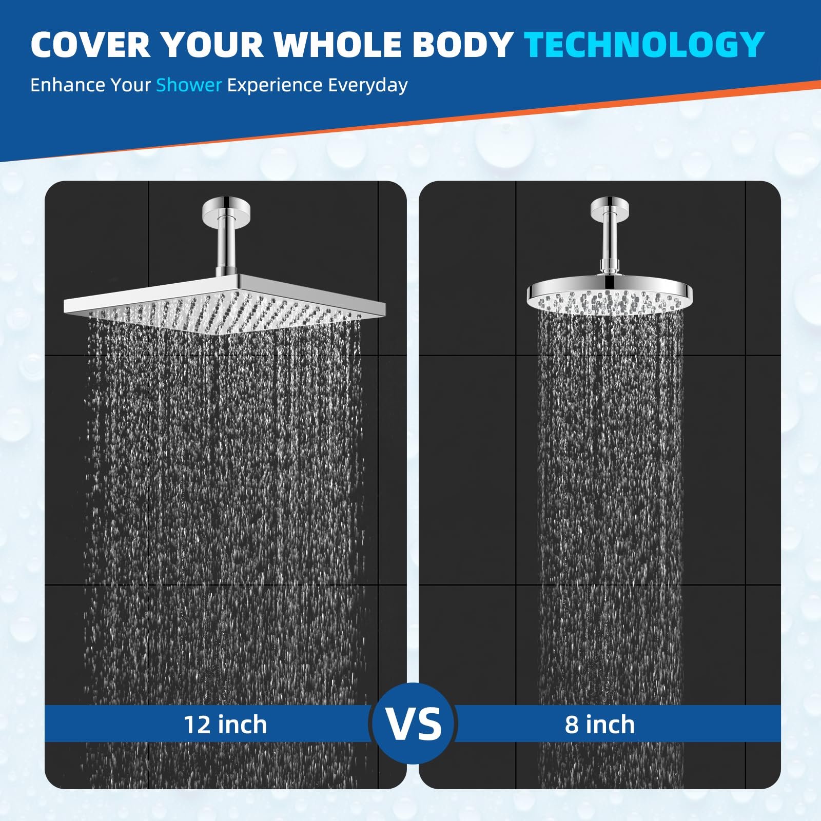 Thickness Metal Rain Shower Head, Square Large Bathroom Rainfall Shower Head with Adjustable Brass Ball Joint, Chrome