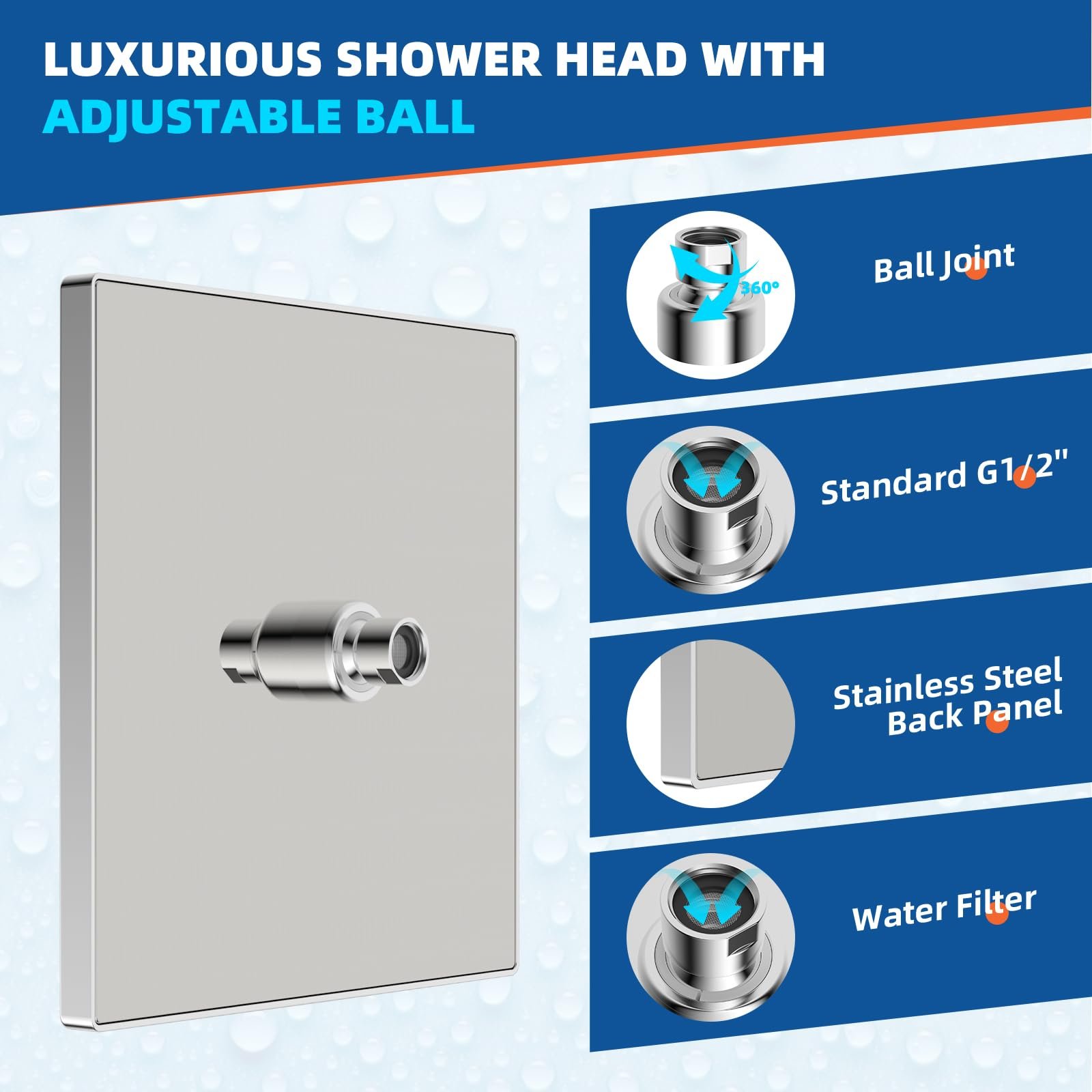 Thickness Metal Rain Shower Head, Square Large Bathroom Rainfall Shower Head with Adjustable Brass Ball Joint, Chrome