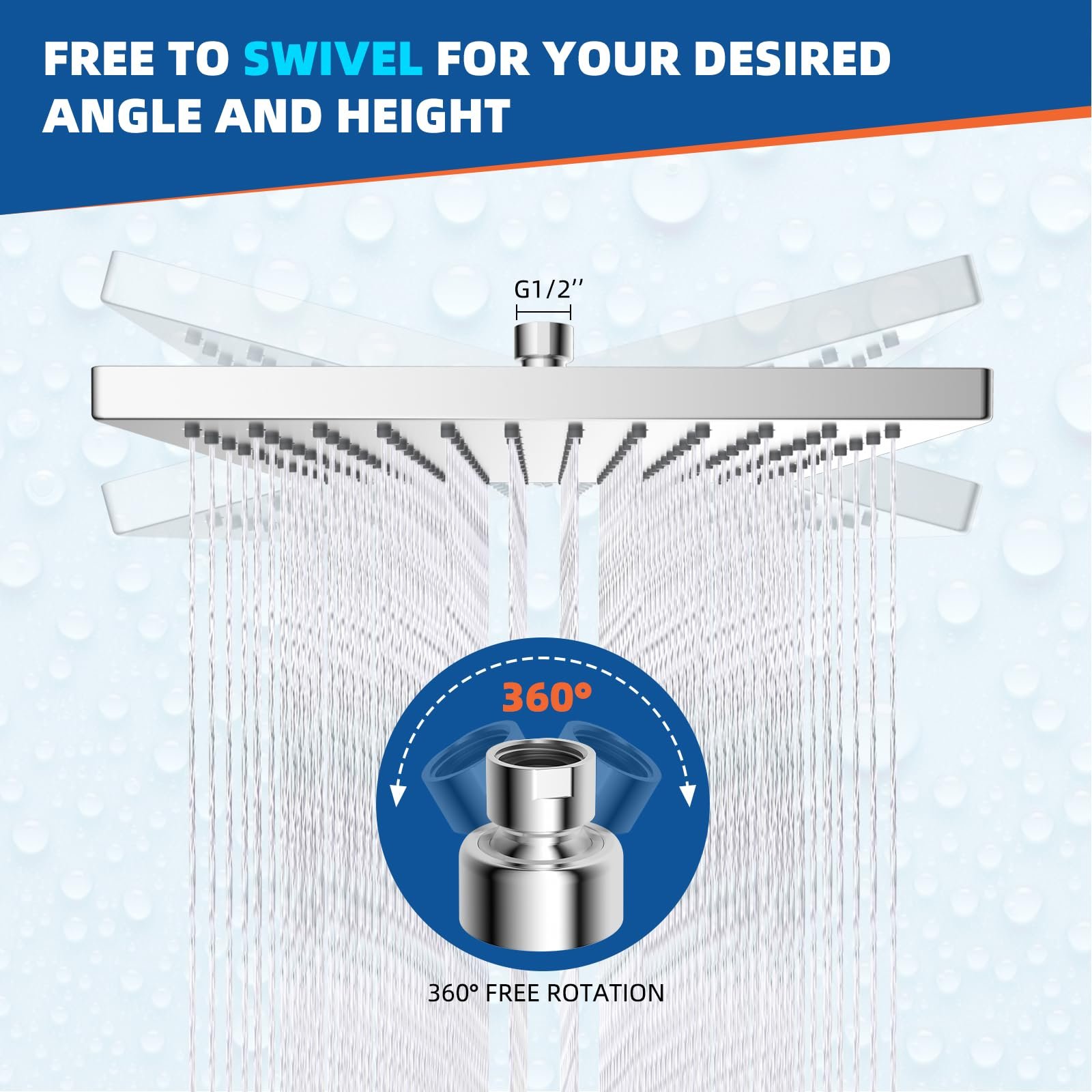 Thickness Metal Rain Shower Head, Square Large Bathroom Rainfall Shower Head with Adjustable Brass Ball Joint, Chrome