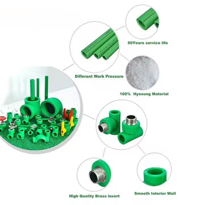 Factory Plumbing Materials Injection PPR Fittings Green Plastic PPR Elbow Tee Pipe Fitting 20-110MM PPR Plumbing Fittings