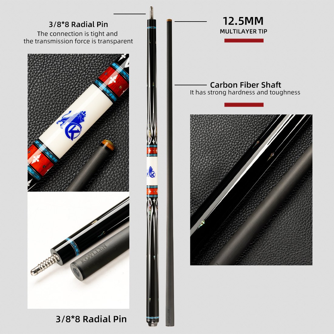 KONLLEN KL-Lion-A1Billiards Carbon Fiber Pool Stick Carbon Energy Shaft 3/8*8 Radial Pin Joint Pool Cue