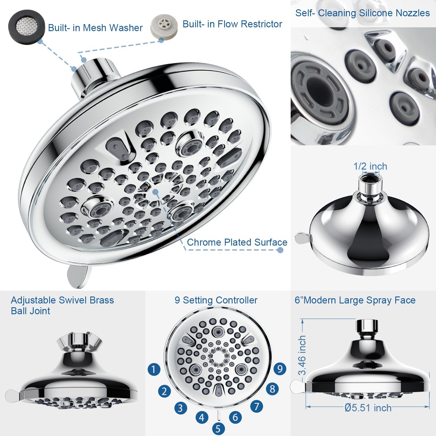 New Style Hot Selling Brass Ball Joint Rainfall Bathroom 9 Functions Overhead Shower Head