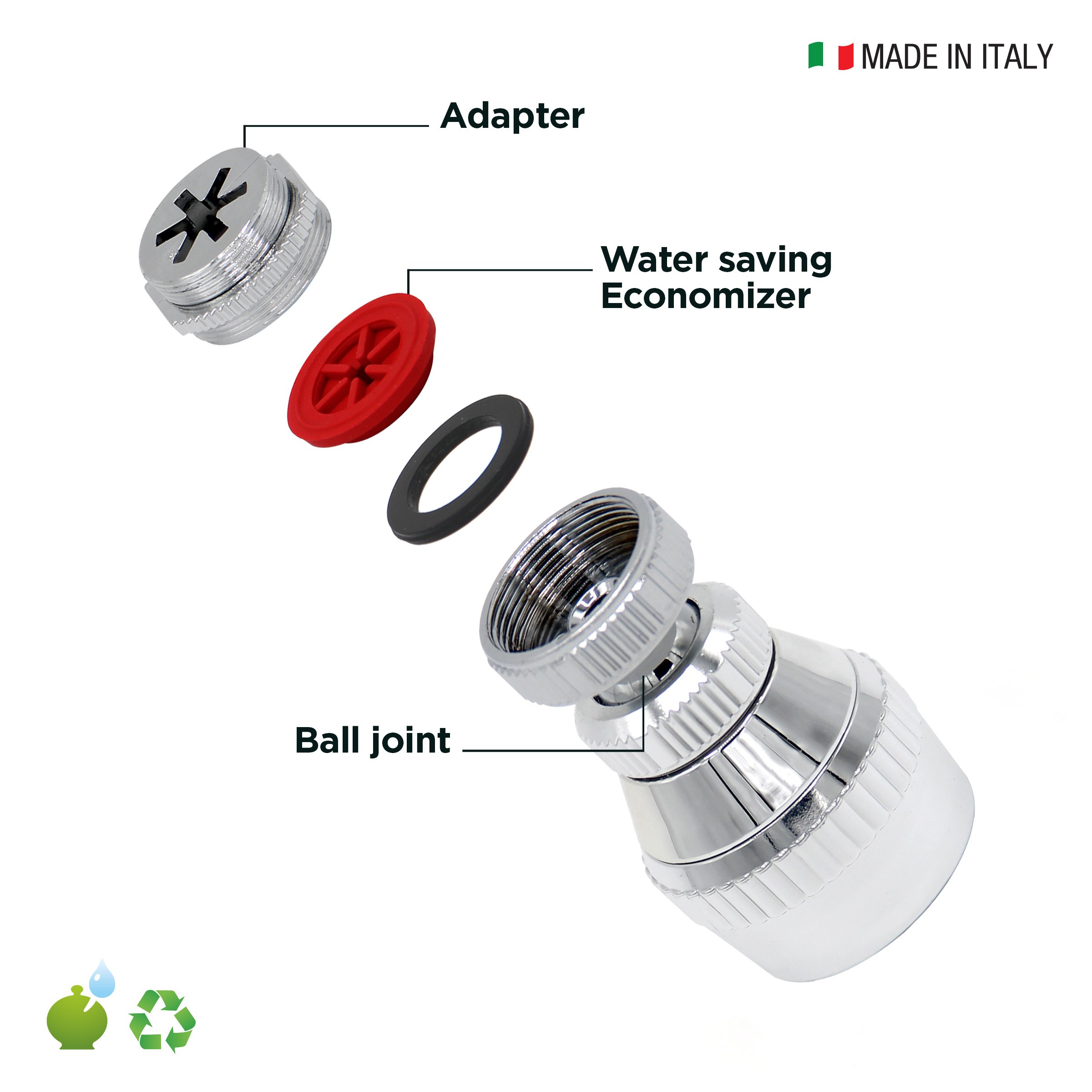 Swivel Total Chromed Tap Sprayer Function Shower Foam Made in Italy IDROGAS 7cm Ball Joint Adapter Private Label