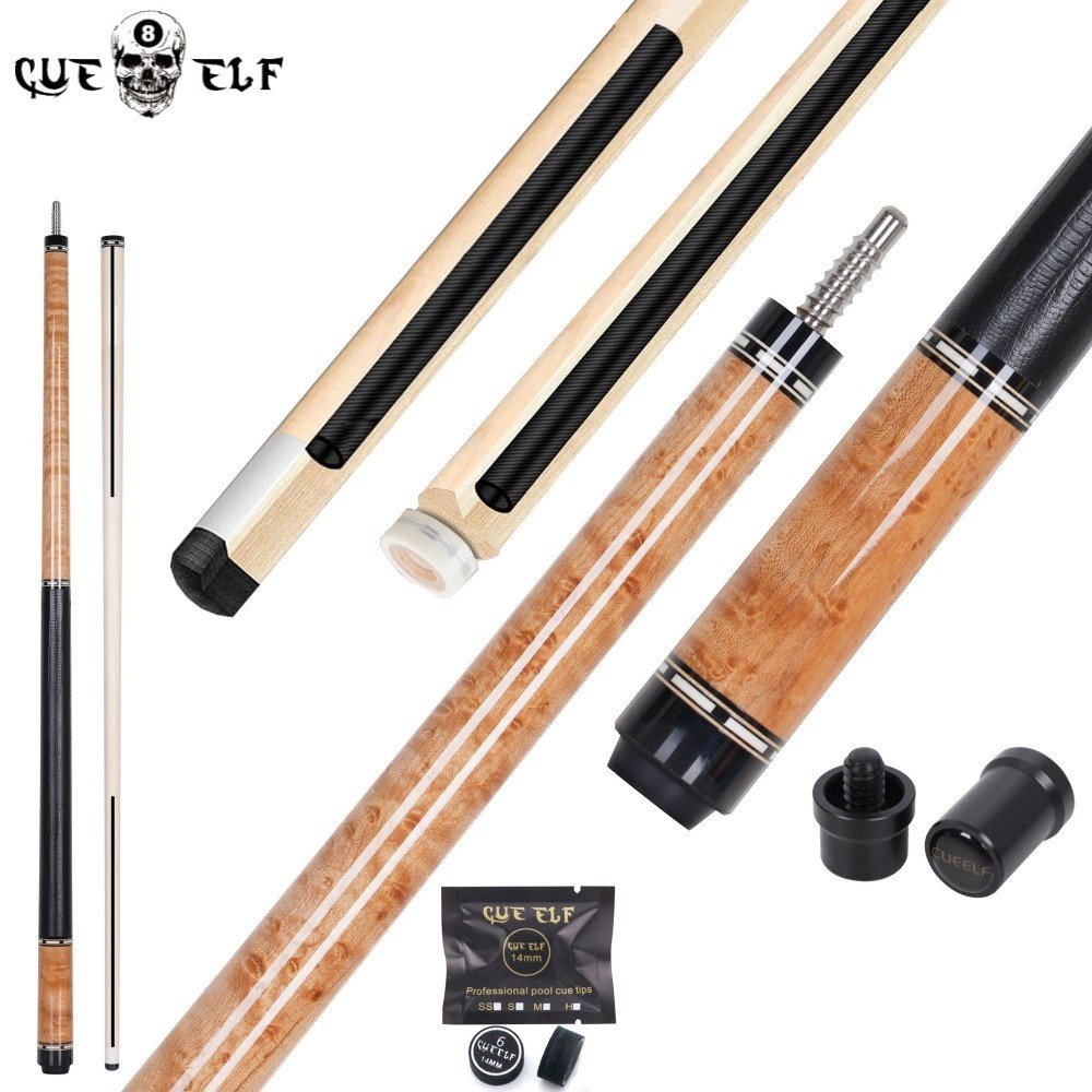 Cueelf Fashionable Leather Grip Wooden and Carbon Core Shaft Plain Face Billiard Pool Cue