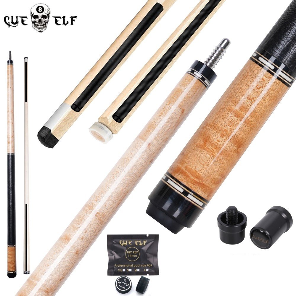 Cueelf Fashionable Leather Grip Wooden and Carbon Core Shaft Plain Face Billiard Pool Cue