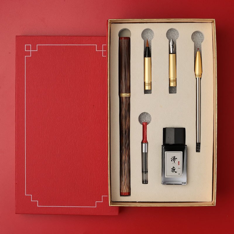 New High Quality Wooden Pen Gift Box Set Custom Logo Bamboo Ball Point and Fountain Pen Multi-use Brush Pen