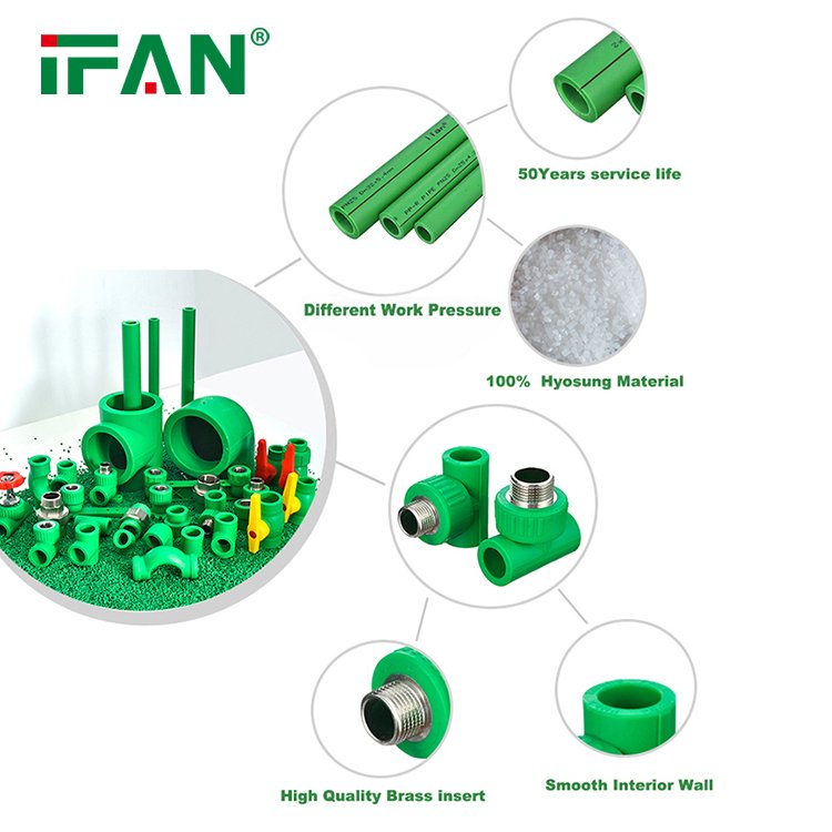 IFAN Factory Plumbing Materials Injection PPR Fittings Green Plastic PPR Elbow Tee Pipe Fitting 20-110MM PPR Plumbing Fittings