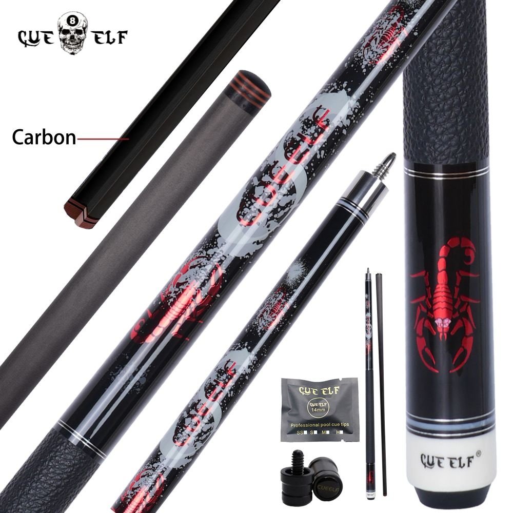 CUEELF Billiard Pool Cue 12.5mm Tip Size Real Leather Warp Carbon Fiber Shaft Attach Cue Extention
