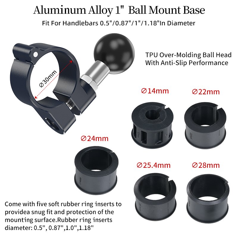 Aluminum Alloy Motorcycle Handlebar Clamp 1" 25.4mm Ball Joint Rubber Pad Bike Handlebar Pole Mount for GPS Mobile Phone Holder