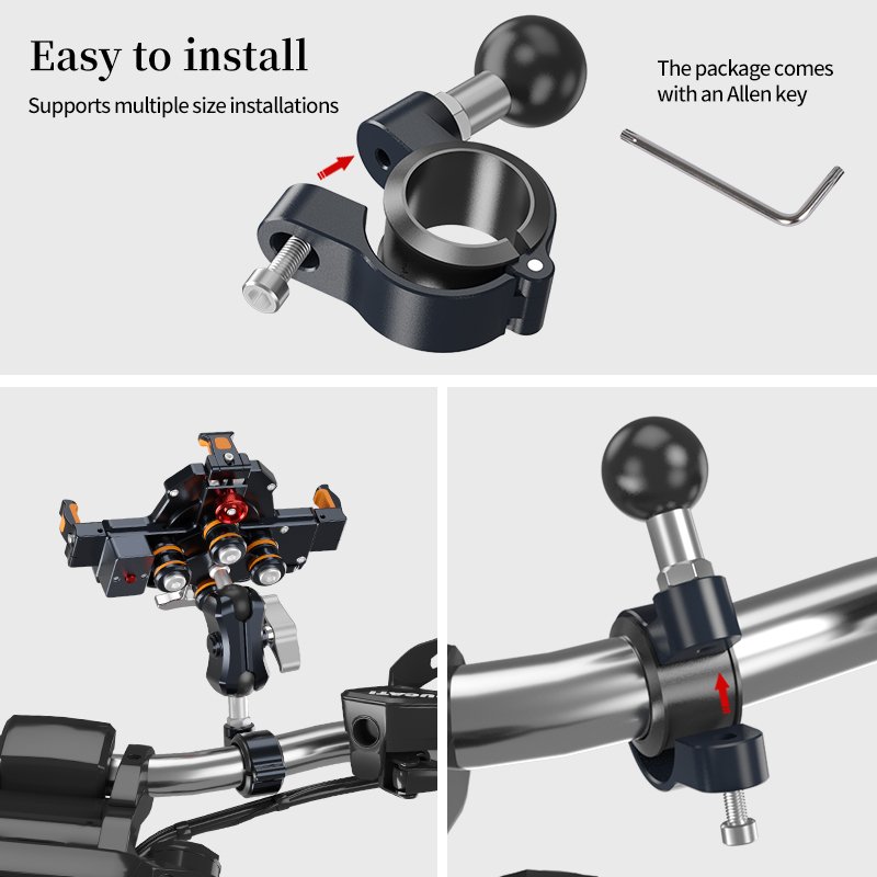 Aluminum Alloy Motorcycle Handlebar Clamp 1" 25.4mm Ball Joint Rubber Pad Bike Handlebar Pole Mount for GPS Mobile Phone Holder