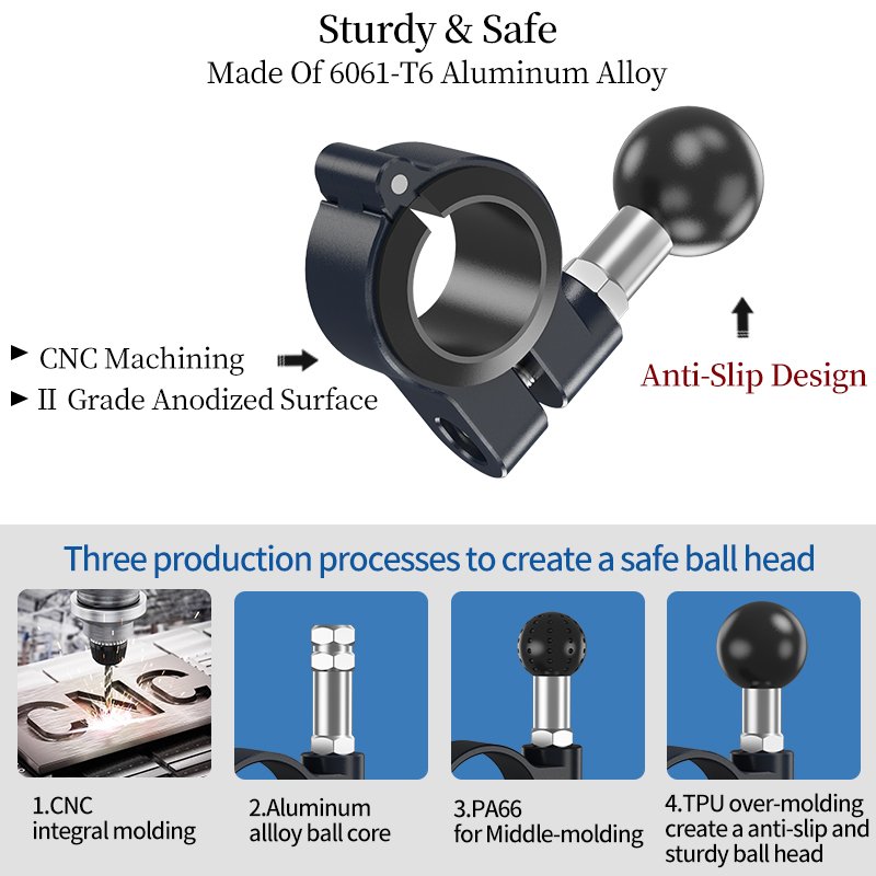 Aluminum Alloy Motorcycle Handlebar Clamp 1" 25.4mm Ball Joint Rubber Pad Bike Handlebar Pole Mount for GPS Mobile Phone Holder