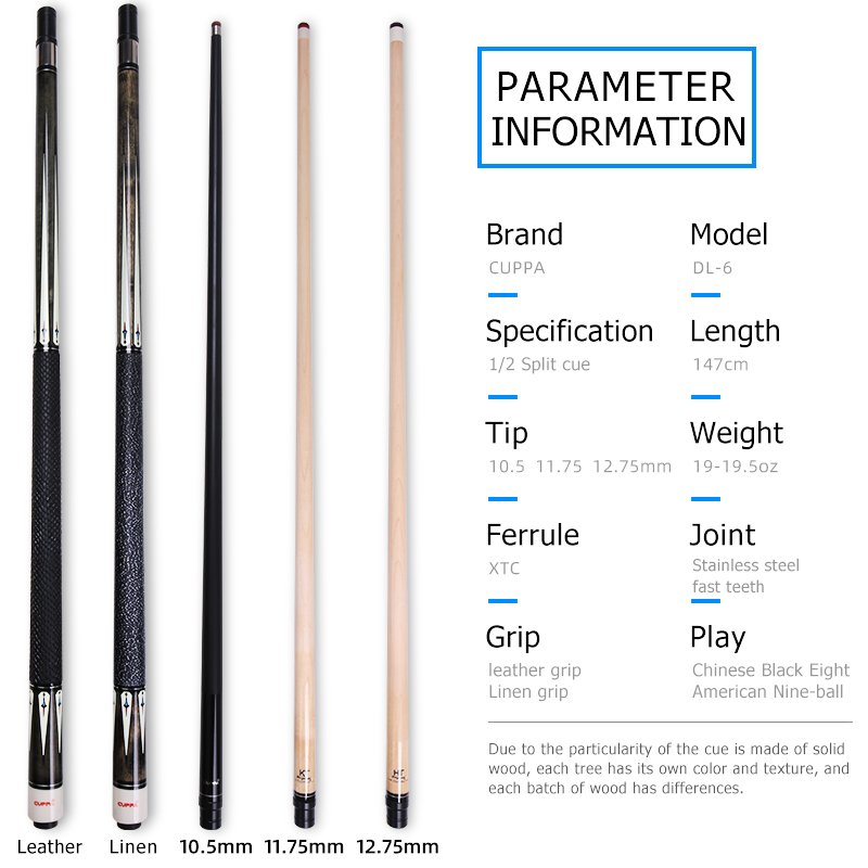 CUPPA Professional Billiard Cue Pool Cue Stick Nine Ball Arm Leather&line Grip Maple Shaft 1/2 Split Cue Tip 10.5 11.75 12.75mm