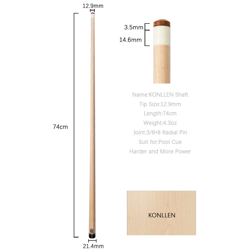 KONLLEN Solid Maple Wood Billiard Pool Cue Kit Shaft 3/8*8 Radial Pin Joint 12.9mm Tip Carbon Fiber Tube Pool Cue Shaft