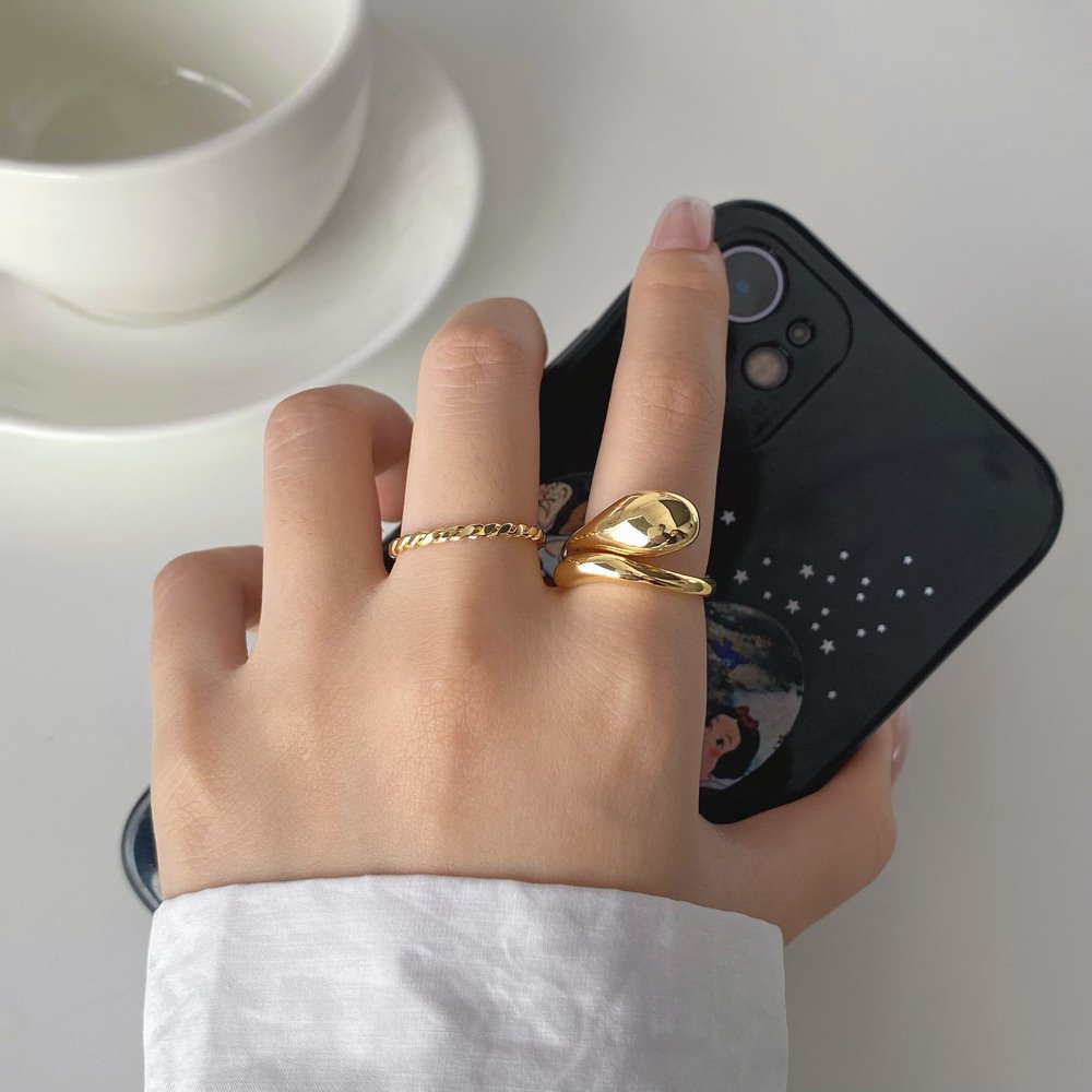 Fashion Jewelry Geometric Water Drop Customized Ring Opening Adjustable Glossy Ring Cross Winding Double-layer Rings for Women
