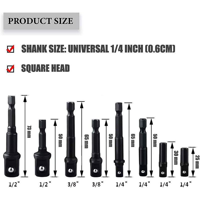 8pc Screwdriver Hexagonal Handle to square Head Adapter Rod Rivet Ball Head Sleeve Joint
