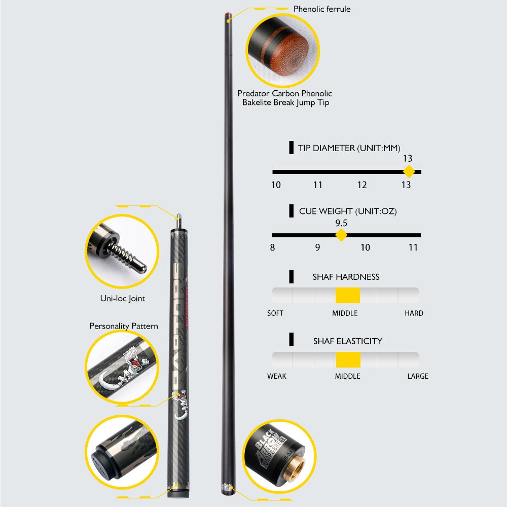 MIT Jump Cue Carbon Fiber Cue with PREDATOR Tip 13mm Bakelite Billiards Cue