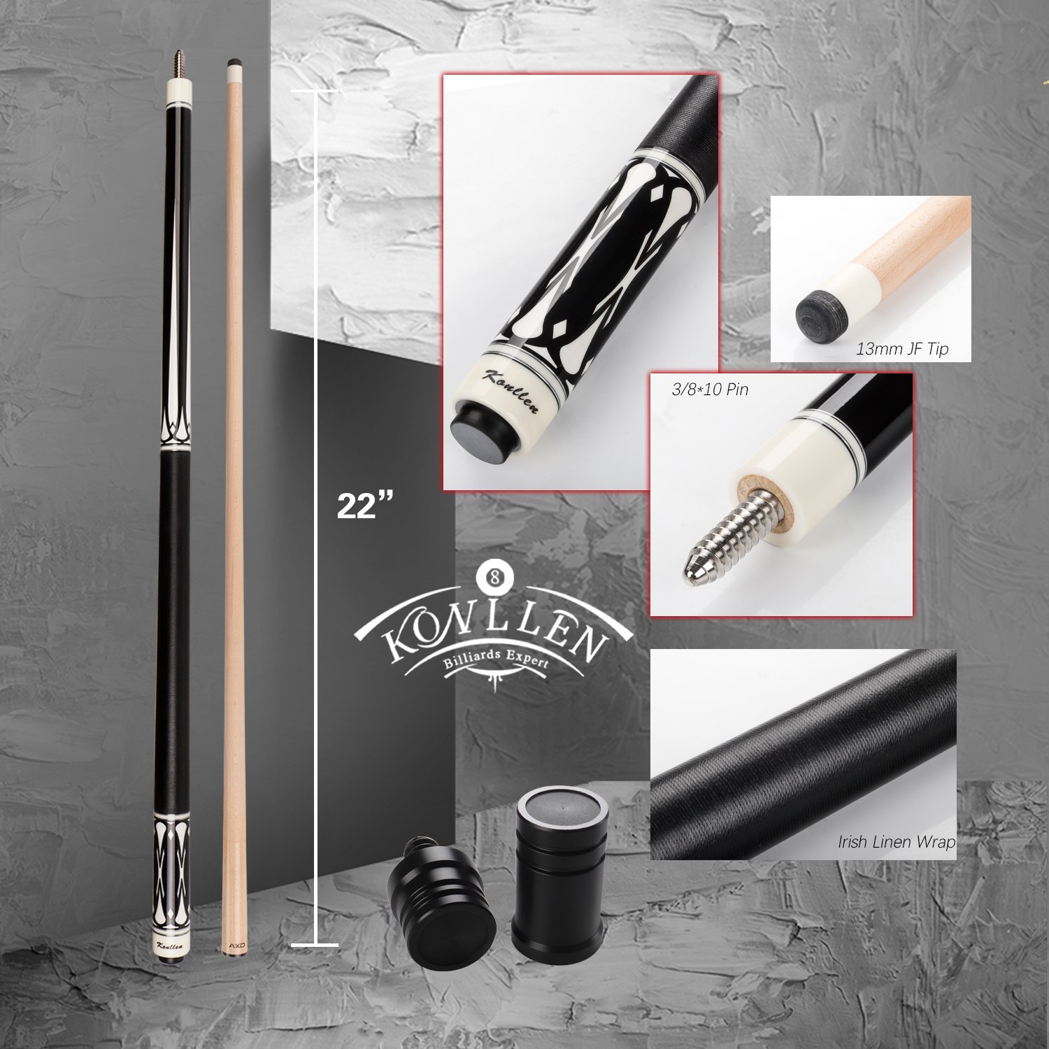 KONLLEN Billiard Cue Irish Linen Wrap 13mm Pig Skin Tip Pool Stick North American Maple Shaft Billiard Cue