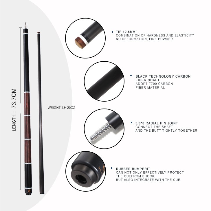 High Quality Carbon Fiber Pool Cue 19~20oz 12.5MM Tip Stainless Steel Center Joint Billiard Cue