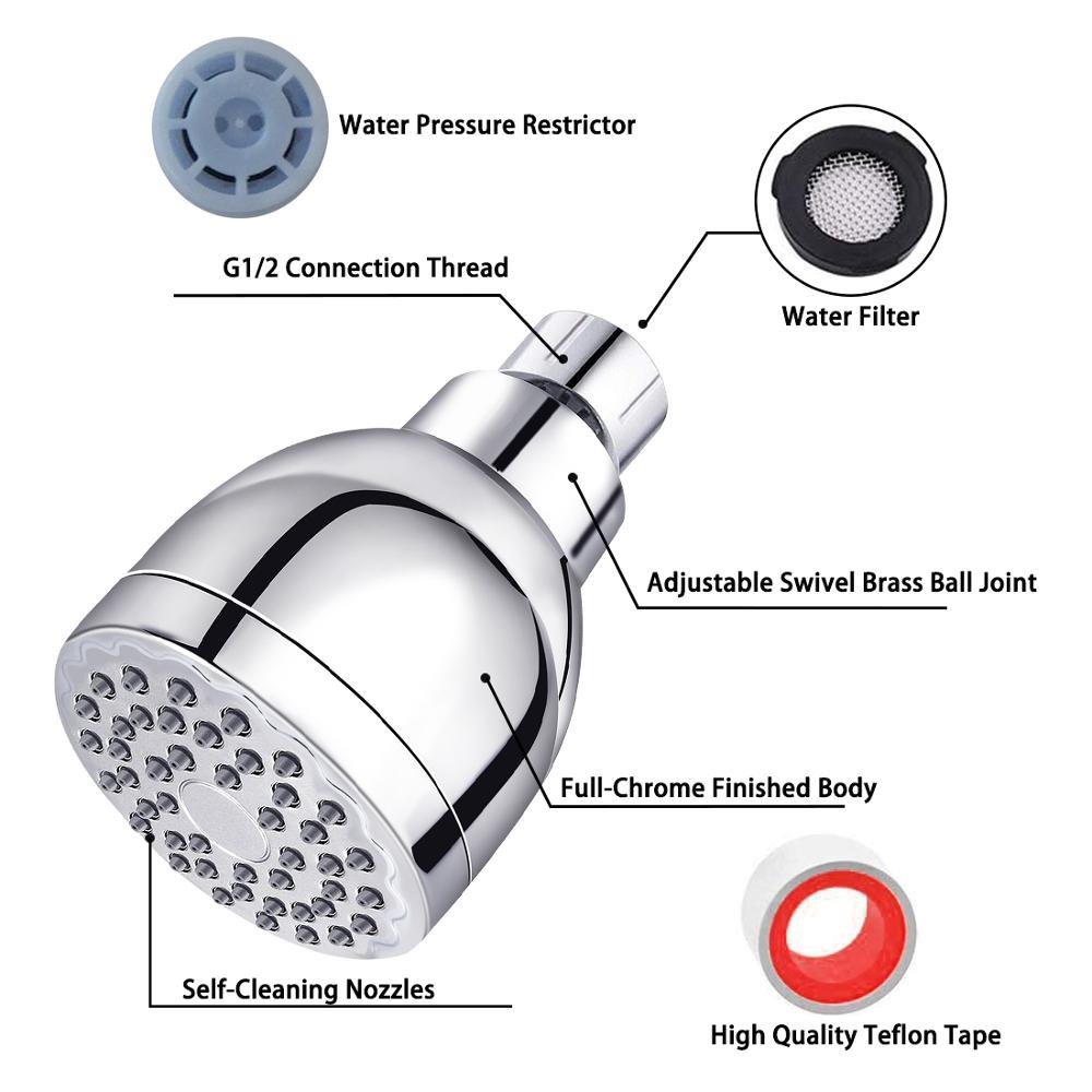 High Pressure Shower Head Anti Leak Fixed Chrome Showerhead Adjustable Metal Swivel Ball Joint With Filter