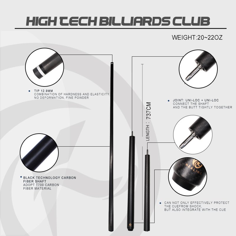 Wholesale 2-Piece Carbon Fiber Pool Cue 1/2 Joint for American Pool & Chinese 9-Ball 19/21oz Weight Options with Free Cue Bag