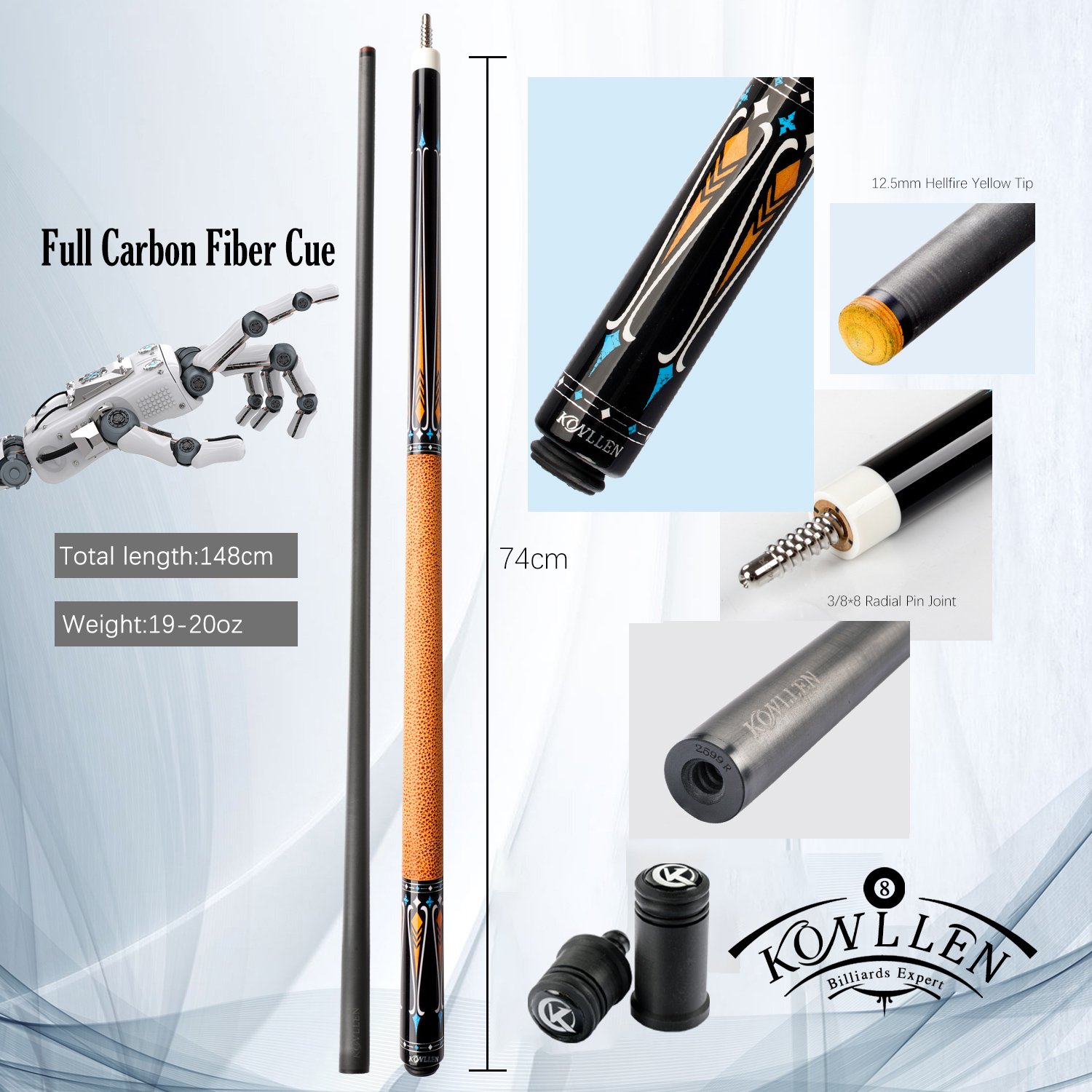 KONLLEN Carbon Fiber Pool Cue Stick Professional Cues (Full Carbon Technology Low Deflection Billiard Cue Stick,12.5mm,147cm)