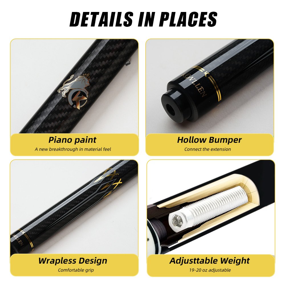 KONLLEN Billiard KL-3K Carbon Fiber Pool Cue Stick 12.2mm Tip 3*8/8 Uniloc Joint Pin Professional Low Deflection Stick Kit