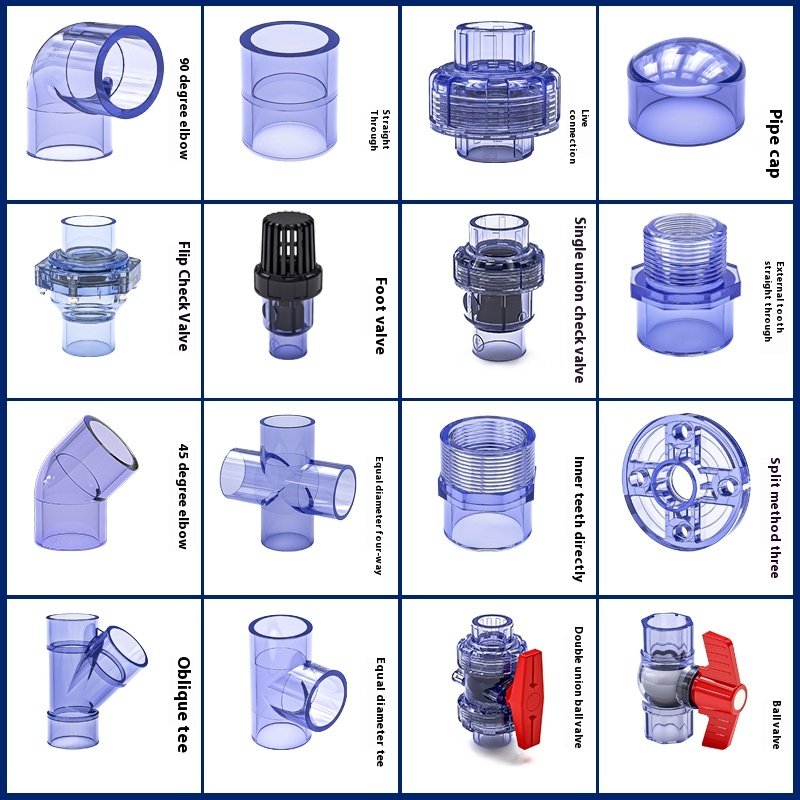 Transparent Blue PVC Pipe Fittings PPR/PP/PC Inner Outer Wire Tee Direct Elbow Plastic Water Supply/Air Straight Pipe Made PVC