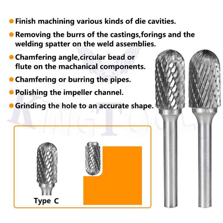 SC-5 Carbide Burr File 1/2 Inch Head with 1/4 Inch Shank Cylinder Ball Shape With End Cut Tungsten Rotary Burrs