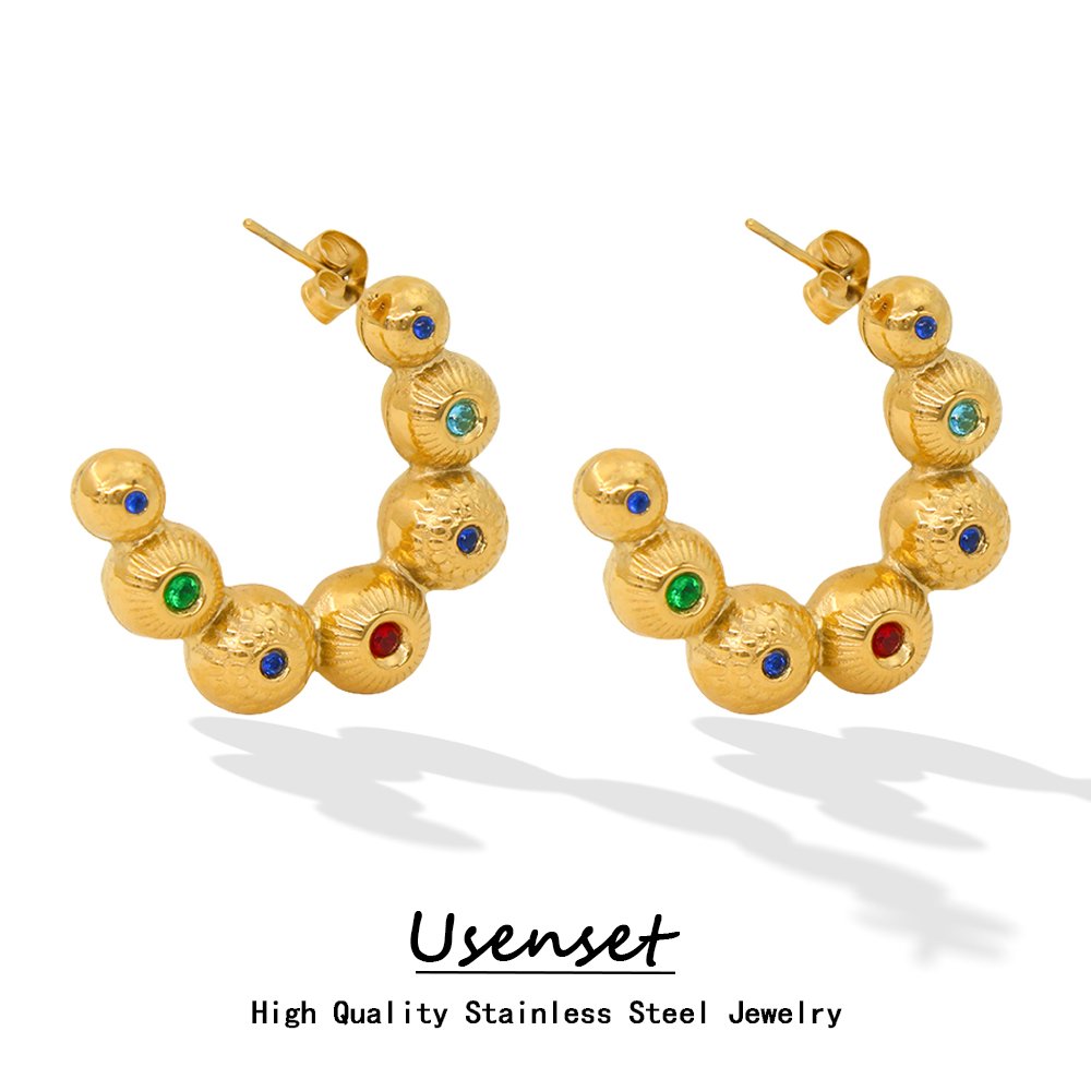 Stainless Steel Gold Beads Joint C-Shaped Earrings Women Colourful AAA Zirconia Ball Curve 18k Gold Plated Jewelry