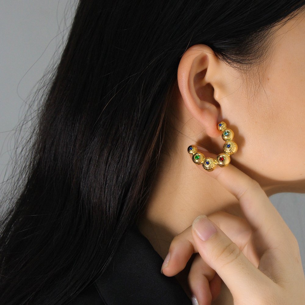 Stainless Steel Gold Beads Joint C-Shaped Earrings Women Colourful AAA Zirconia Ball Curve 18k Gold Plated Jewelry
