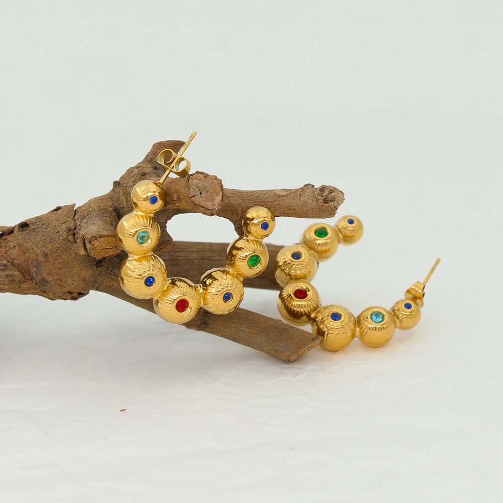 Stainless Steel Gold Beads Joint C-Shaped Earrings Women Colourful AAA Zirconia Ball Curve 18k Gold Plated Jewelry
