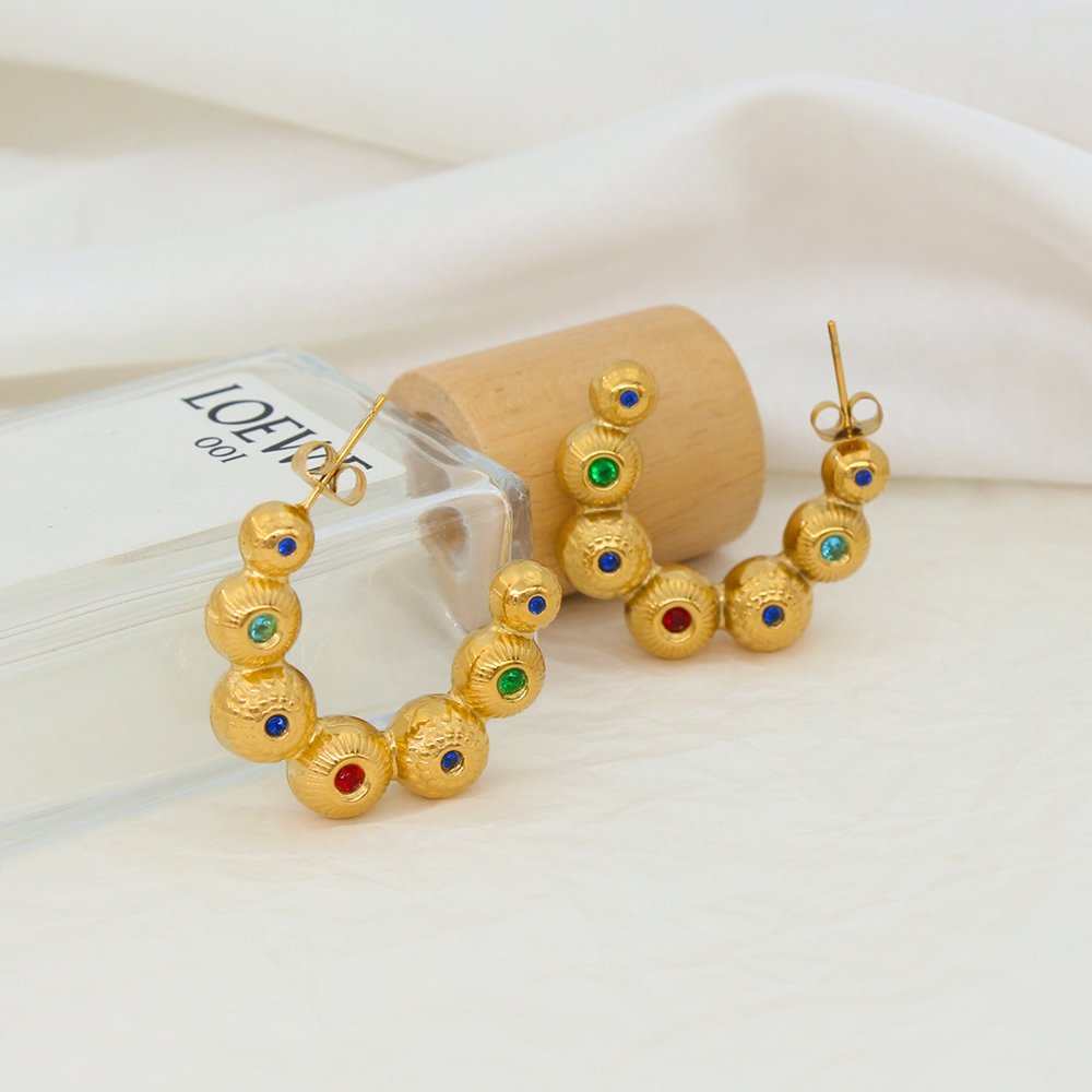 Stainless Steel Gold Beads Joint C-Shaped Earrings Women Colourful AAA Zirconia Ball Curve 18k Gold Plated Jewelry