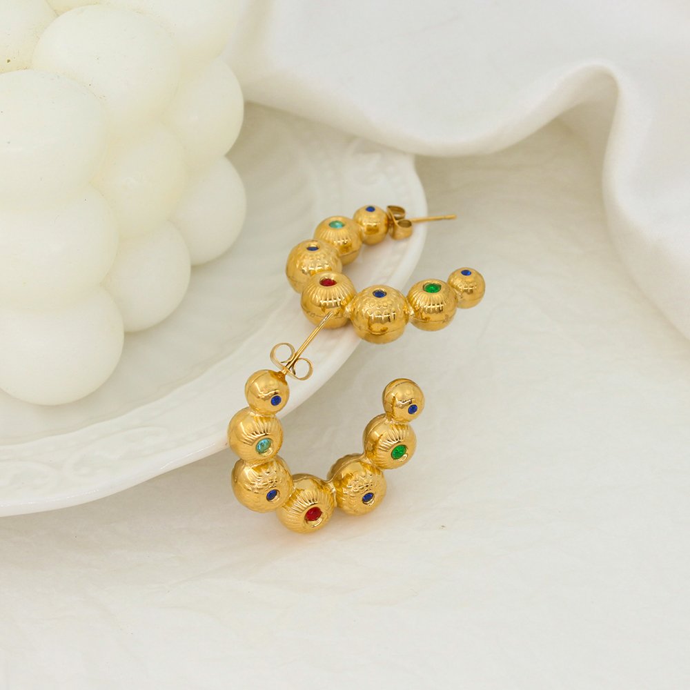 Stainless Steel Gold Beads Joint C-Shaped Earrings Women Colourful AAA Zirconia Ball Curve 18k Gold Plated Jewelry