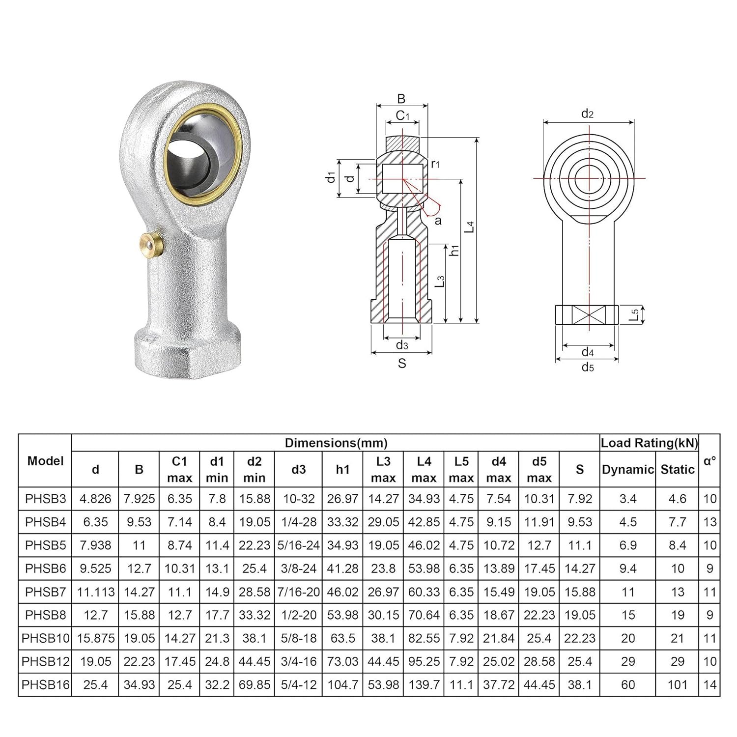 PHSB5 PHSB3 PHSB4 PHSB6 PHSB7 PHSB8 PHSB10 PHSB12 PHSB14 PHSB16 Rod End Bearings