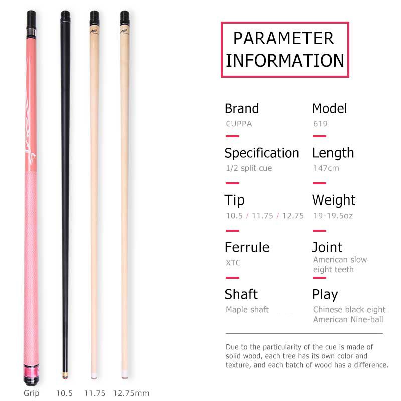 CUPPA Billiard Cue Pool Cues Stick Nine Ball Arm the Lrish Line Grip Maple Shaft 1/2 Split Pink Design Tip Size 10.5 11.75 13mm